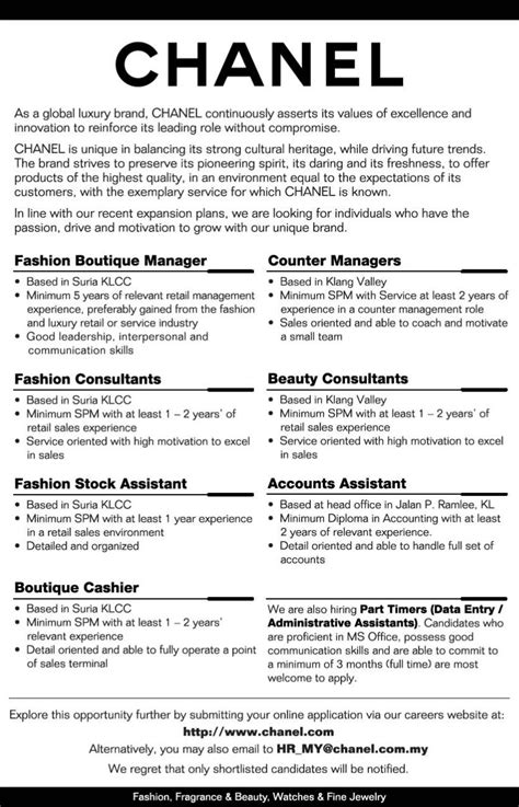 chanel san francisco jobs|Chanel job description.